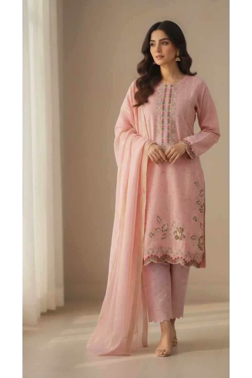 light pink 3pcs Embroidered