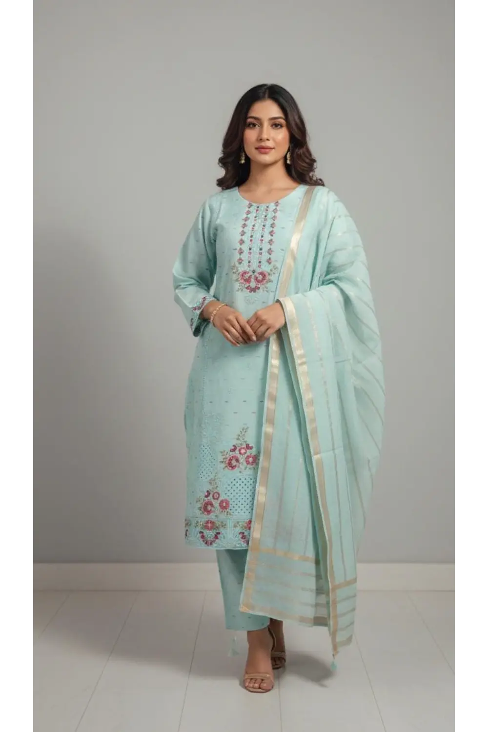 sky blue3PCS Embroidered suit